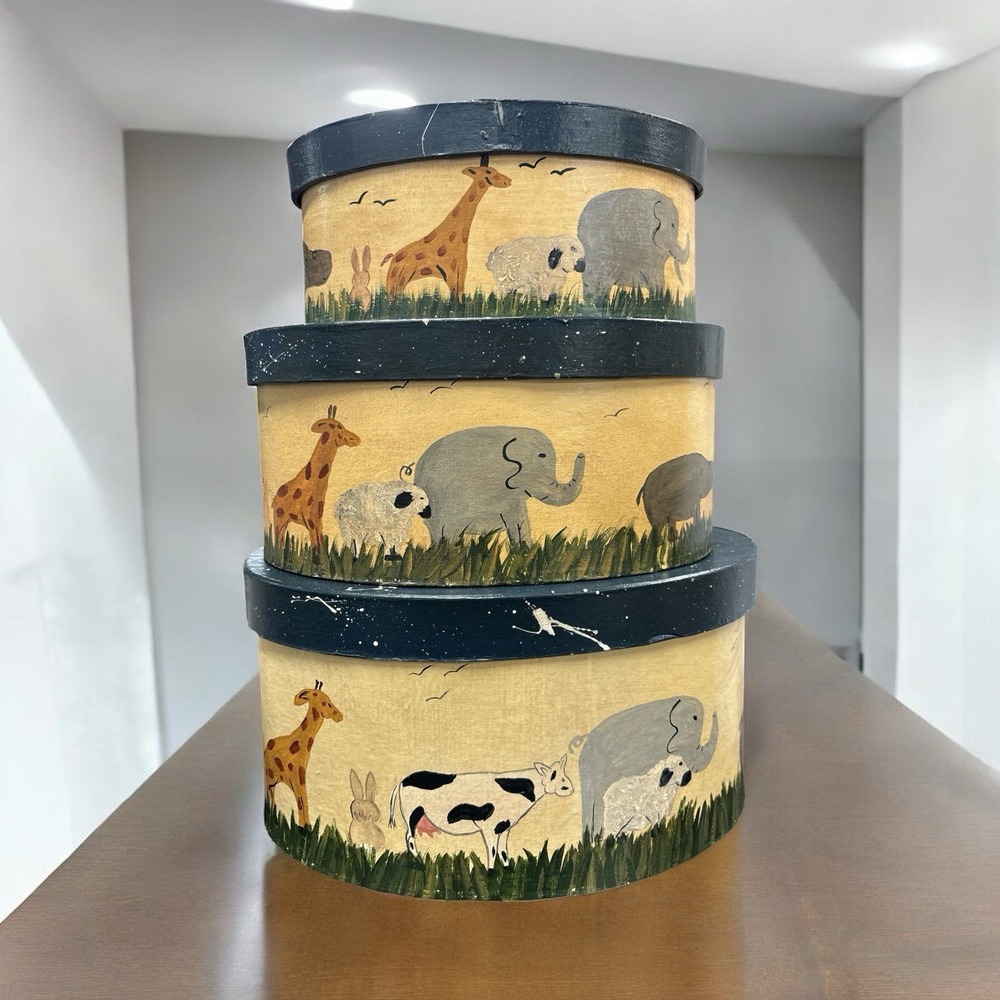 Vintage Hand-painted Nesting Box 3 PC Set With Animals Nursery Farmhouse Decor
